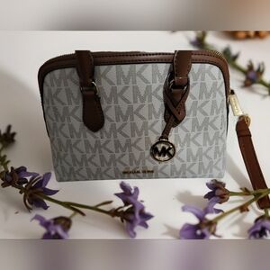 Michael Kors Monogram White and Brown Crossbody Bag